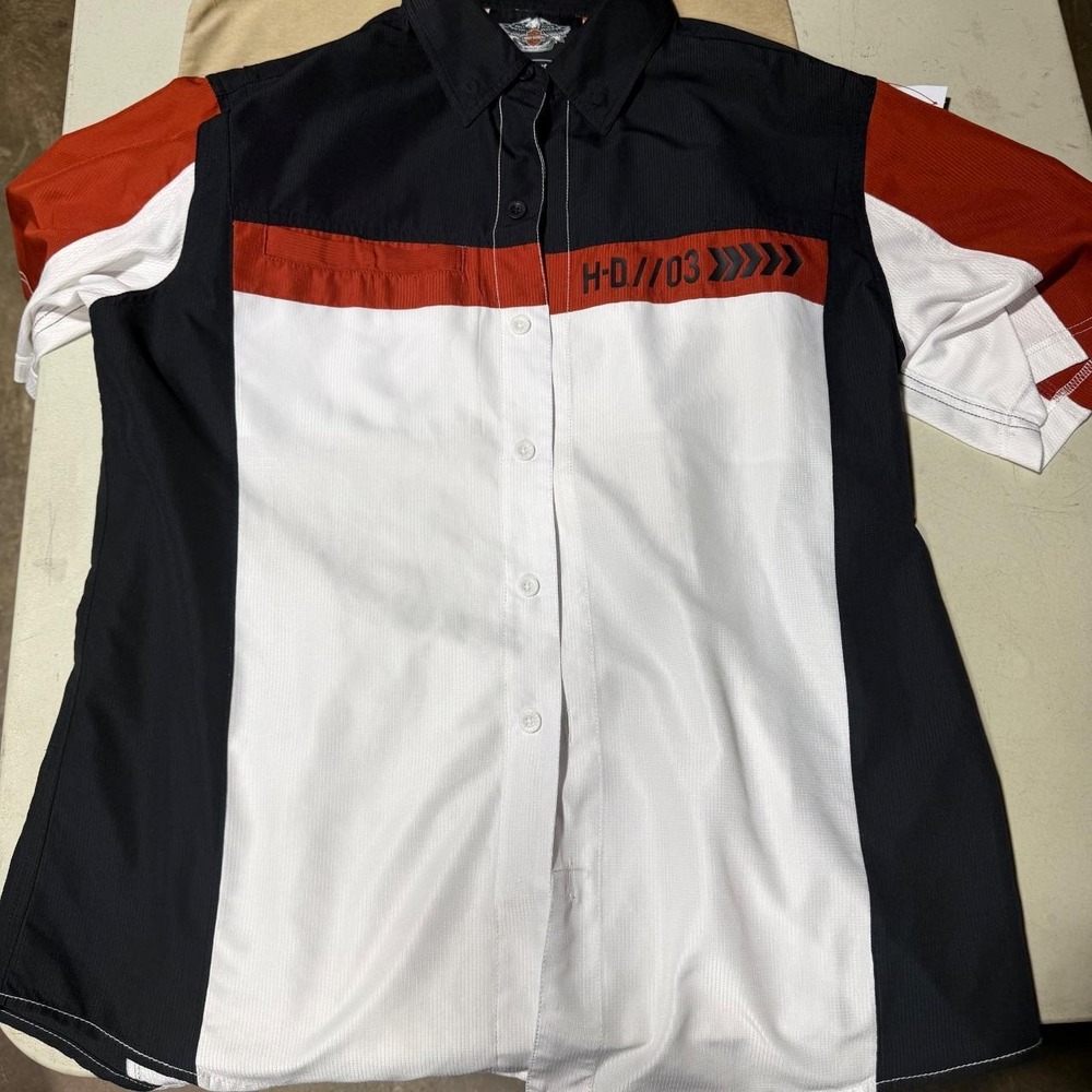 Harley-Davidson Colorblock Mechanic Work Shirt Black/White/Orange Size L